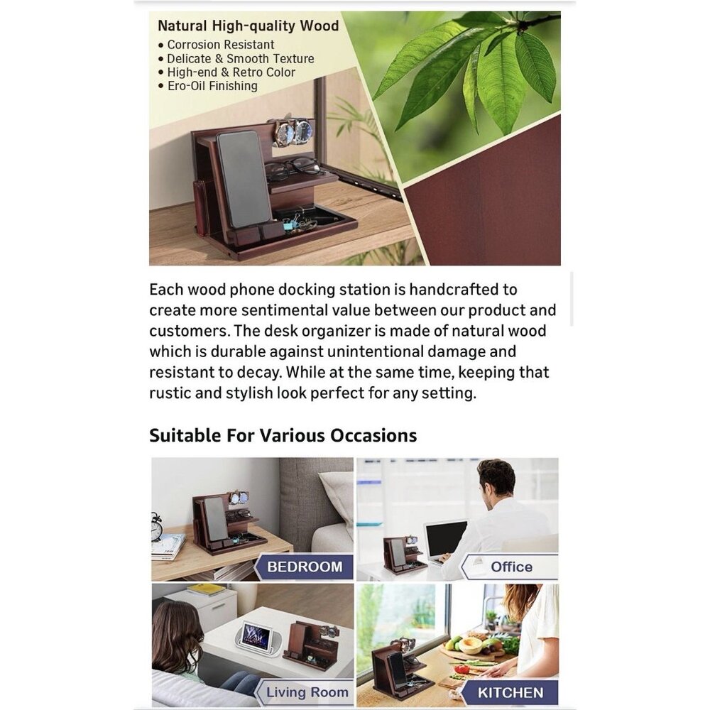 Wood Phone Docking Station Wood Nightstand Organizer  Idea For Him,Perfect Gift - Picture 4 of 10